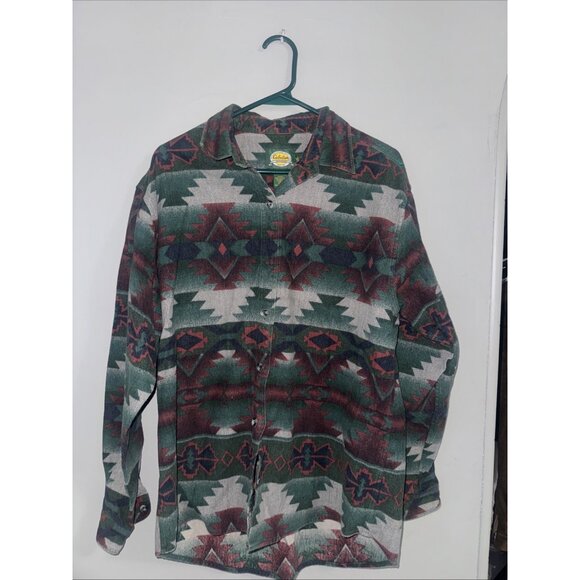 Cabela's Chamois Aztec Flannel Shirt Green Red Button Up Geometric Large - Picture 1 of 7
